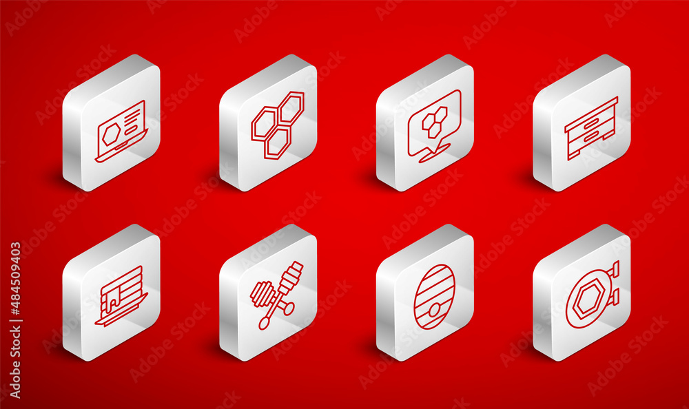 Set line Hanging sign with honeycomb, Honeycomb, bee location, Hive for bees, online service, dipper stick and Stack of pancakes icon. Vector Set line Hanging sign with honeycomb, Honeycomb, bee location, Hive for bees, online service, dipper stick and Stack of pancakes icon. Vector