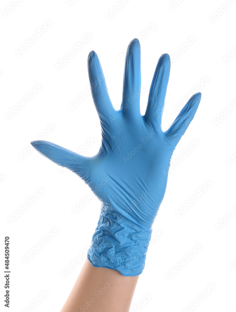 Woman in blue medical glove on white background Woman in blue medical glove on white background
