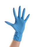 Woman in blue medical glove on white background