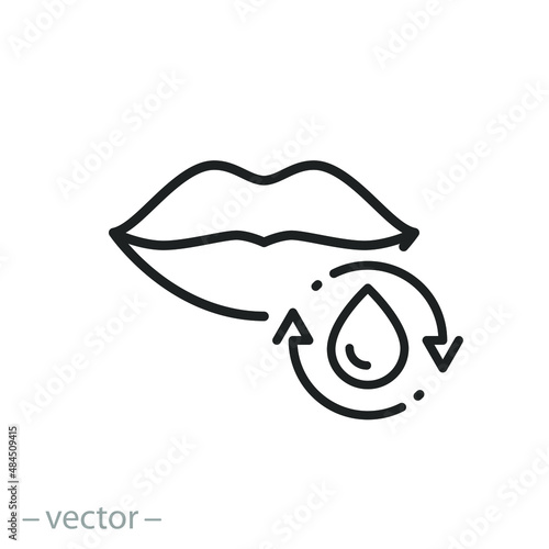 lips hydration icon, lipstick or water gel, mouth with liquid drop, aqua cycle for skin face, thin line symbol on white background - editable stroke vector illustration
