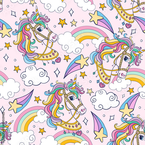 Cute unicorns head with elements vector seamless pattern
