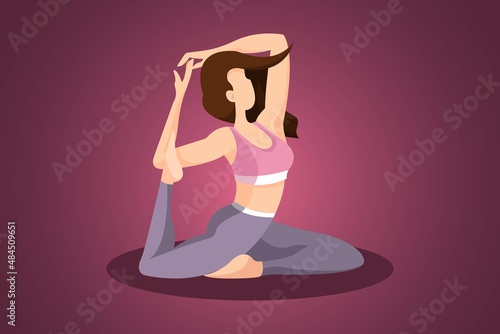Vector illustration with woman doing physical activity. Healthy girl in leggings and sports bras. Fitness, yoga and meditation. Healthy lifestyle at home and in the studio