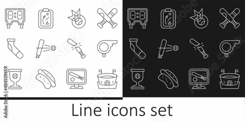 Set line Baseball arena, Whistle, bat with, sock, mechanical scoreboard, Broken baseball and Planning strategy icon. Vector