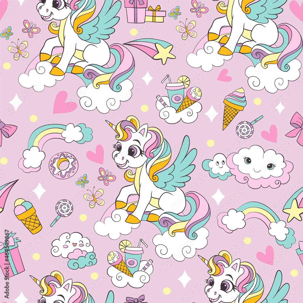 Cute winged unicorns with magic elements vector seamless pattern Cute winged unicorns with magic elements vector seamless pattern