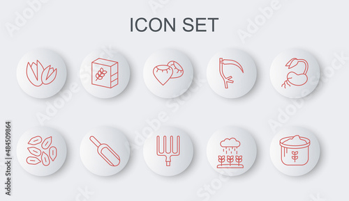 Set line Bag of flour, Seed, Plant sprouts grow in the rain, Pistachio nuts, Flour pack, Scoop and Garden pitchfork icon. Vector