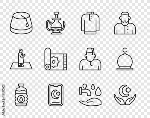 Set line Bottle of water, Star and crescent, Shirt kurta, Turkish hat, Traditional carpet, Wudhu and Muslim Mosque icon. Vector
