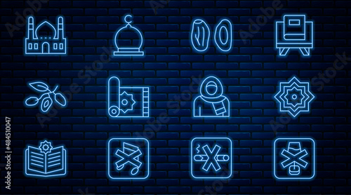 Set line No alcohol, Octagonal star, Date fruit, Traditional carpet, Muslim Mosque, woman in hijab and icon. Vector