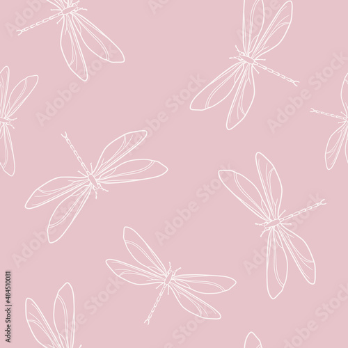 Seamless pattern with dragonflies in the style of doodles on a pink background. Vector illustration for your design. Suitable for wrapping paper, various textiles, and as a background for printing.