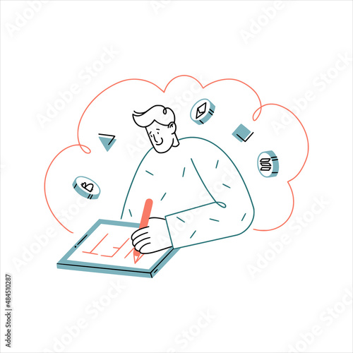Vector hand drawn illustration. Crypto artist is drawing on tablet the word nft art. Coins of bitcoin and ethereum are flying around with some random figures.