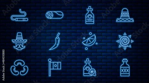 Set line Tequila bottle, Sun, Hot chili pepper pod, Mexican man sombrero, Cigar, Sliced lime and Burrito icon. Vector