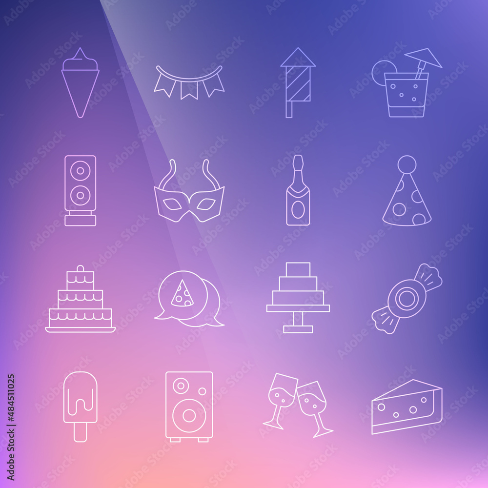 Set line Piece of cake, Candy, Party hat, Firework rocket, Festive mask, Stereo speaker, Ice cream in waffle cone and Champagne bottle icon. Vector Set line Piece of cake, Candy, Party hat, Firework rocket, Festive mask, Stereo speaker, Ice cream in waffle cone and Champagne bottle icon. Vector