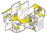 リモートワークのアイソメトリック図　 黄色4ver