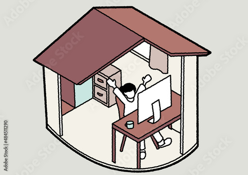 部屋の中でディスプレイを見て喜ぶ女性　シックver