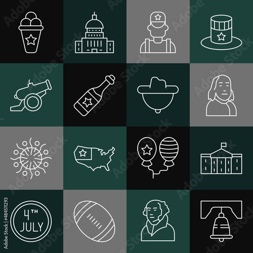 Set line Liberty bell in Philadelphia, United States Capitol Congress, Benjamin Franklin, Sheriff cowboy, Champagne bottle, Cannon, Ice cream waffle cone and Western hat icon. Vector