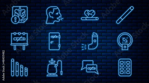 Set line Nicotine gum in blister pack, Stop smoking, money saving, Heart disease with, No area, Disease lungs, Inhaler and Man coughing icon. Vector