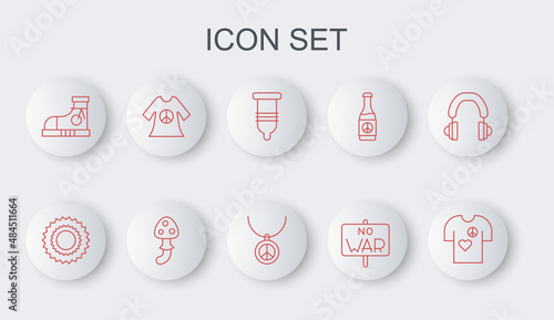 Set line Peace t-shirt print stamp, Sun, Condom, No war, Sneakers, dress, Psilocybin mushroom and Necklace with peace symbol icon. Vector
