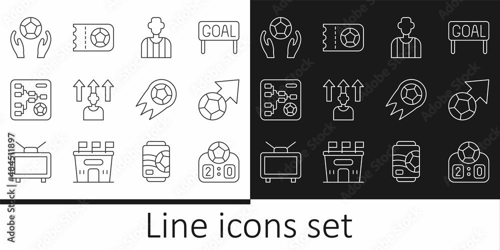 Set line Sport mechanical scoreboard, Soccer football ball, Football soccer referee, player, Championship tournament bracket, and ticket icon. Vector Set line Sport mechanical scoreboard, Soccer football ball, Football soccer referee, player, Championship tournament bracket, and ticket icon. Vector
