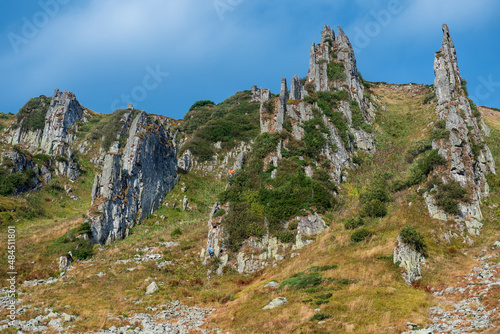Mountain landscape. Beautiful and dangerous rocks. Favorite place of climbers. Shpytsi, Carpathians, Western Ukraine