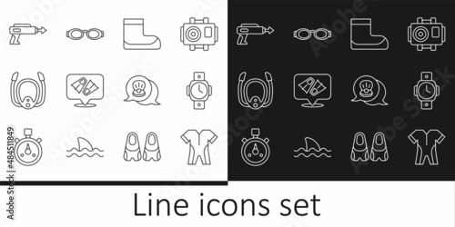 Set line Wetsuit for scuba diving, Diving watch, Boots, Flippers swimming, mask with snorkel, Fishing harpoon, Scallop sea shell and Glasses icon. Vector