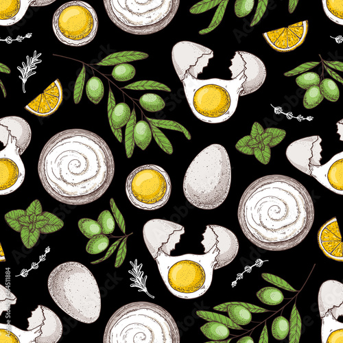 Mayonnaise sauce cooking and ingredients. Seamless pattern. Hand drawn vector illustration. Homemade mayonnaise sauce. Hand drawn, package design.