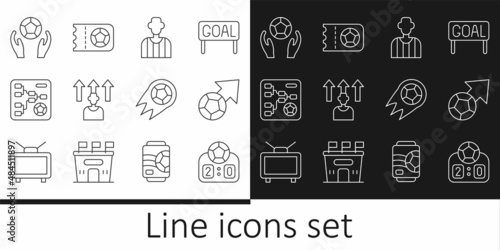 Set line Sport mechanical scoreboard, Soccer football ball, Football soccer referee, player, Championship tournament bracket, and ticket icon. Vector