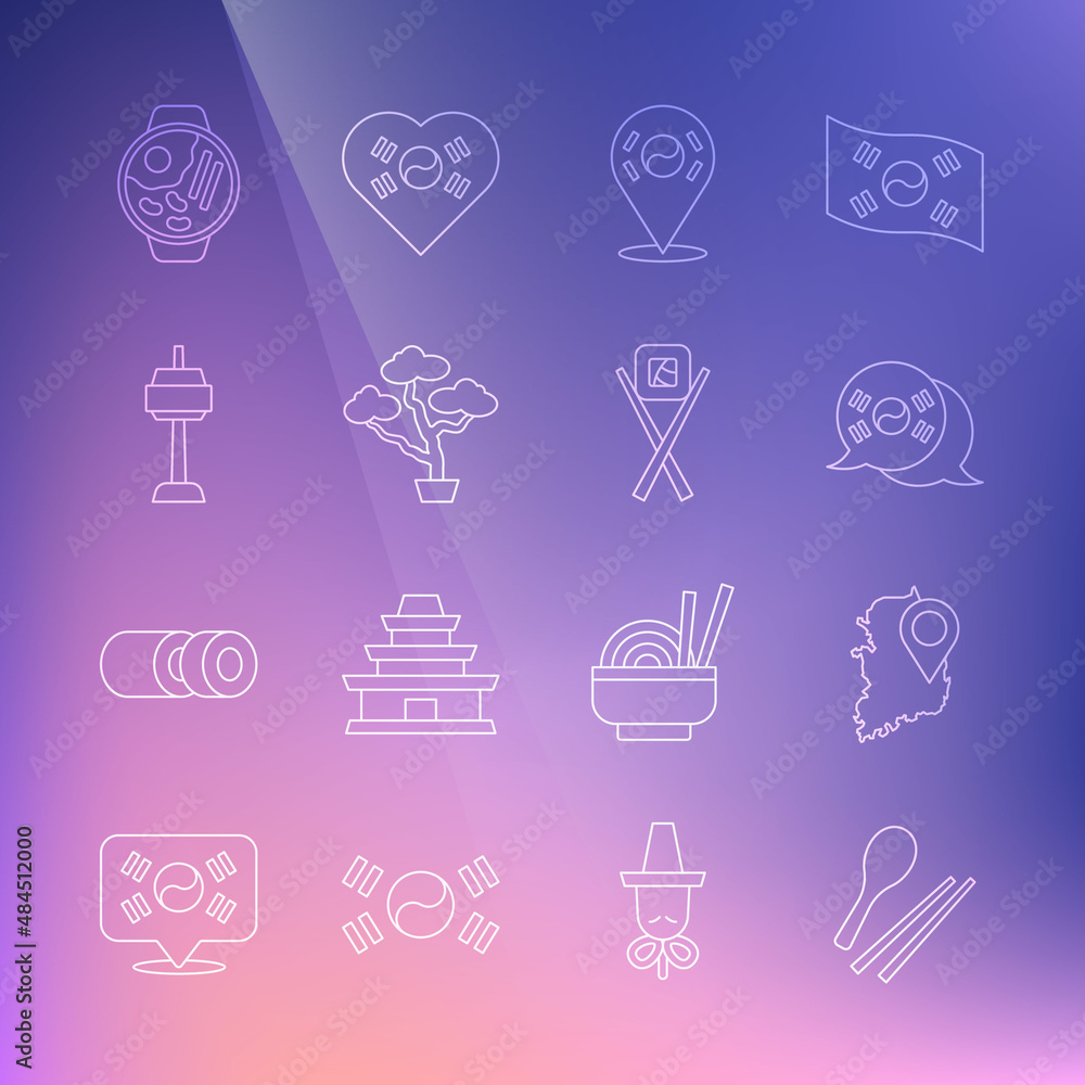 Set line Food chopsticks, South Korea map, flag, Location, Bonsai tree, N Seoul tower in, Ramen and Sushi with icon. Vector Set line Food chopsticks, South Korea map, flag, Location, Bonsai tree, N Seoul tower in, Ramen and Sushi with icon. Vector