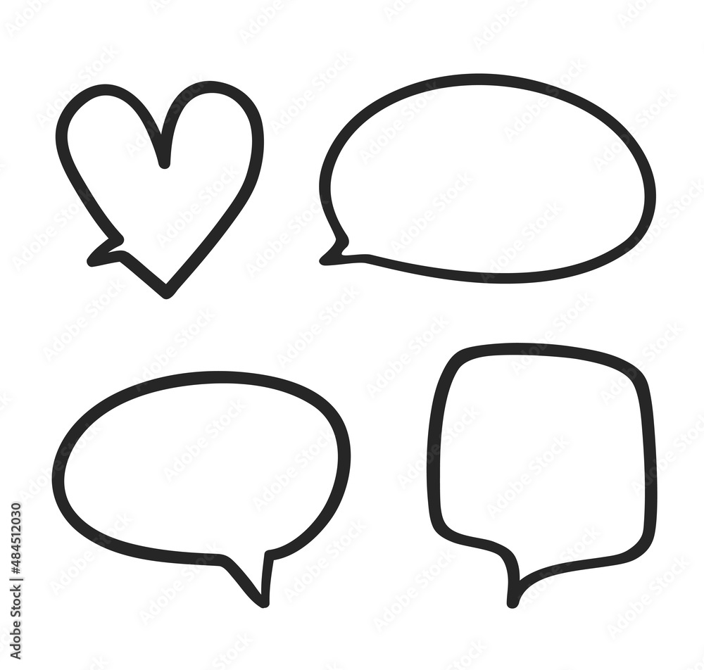 Hand drawn black speech bubble on white. Abstract sketches. Set of think and talk speech bubbles. Black and white illustration Hand drawn black speech bubble on white. Abstract sketches. Set of think and talk speech bubbles. Black and white illustration
