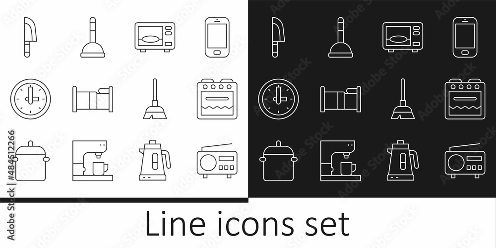 Set line Radio, Oven, Microwave oven, Bed, Clock, Knife, Handle broom and Rubber plunger icon. Vector