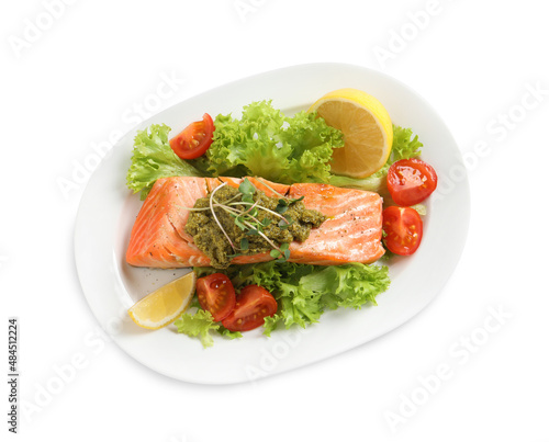 Tasty cooked salmon with pesto sauce and fresh salad on white background, top view