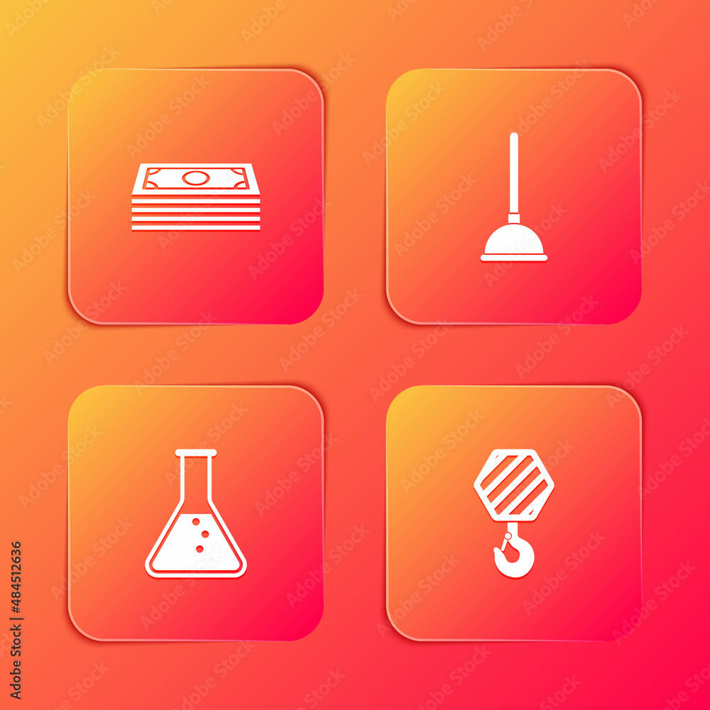 Set Stacks paper money cash, Rubber plunger, Test tube and flask and Industrial hook icon. Vector Set Stacks paper money cash, Rubber plunger, Test tube and flask and Industrial hook icon. Vector