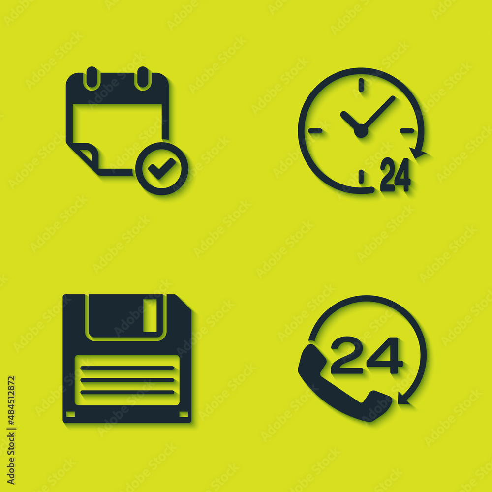 Set Calendar with check mark, Telephone 24 hours support, Floppy disk and Clock icon. Vector