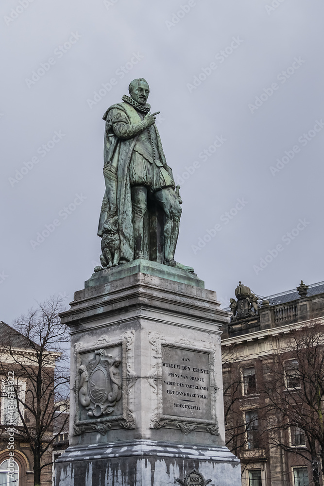 Equestrian statue of William I Prince of Orange (1845) on Het Plein. William I known as William the Silent or William of Orange (Willem van Oranje). The Hague, (Den Haag), The Netherlands.