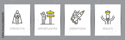 Strengths, opportunities, aspirations, results. SOAR analysis. Business concept. Metaphors with icons.