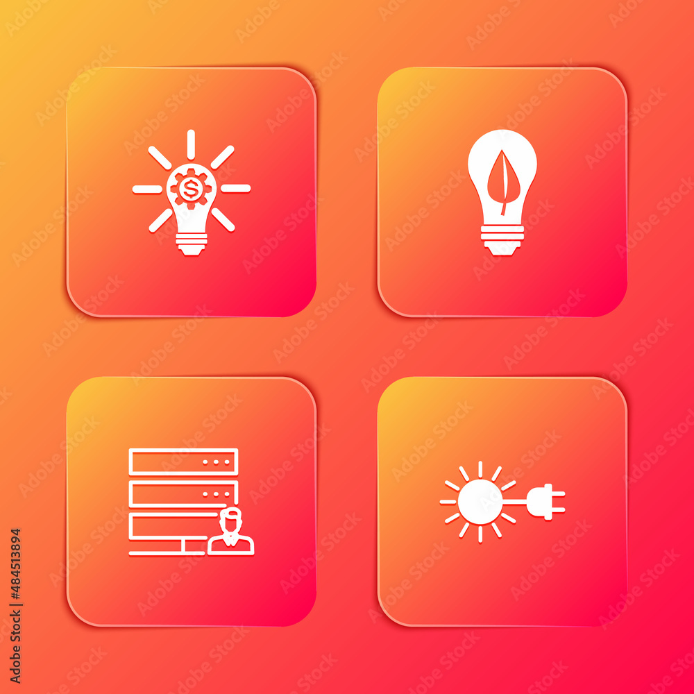 Set Light bulb with gear, leaf, Customer care server and Sun electric plug icon. Vector Set Light bulb with gear, leaf, Customer care server and Sun electric plug icon. Vector