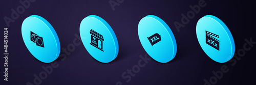 Set Isometric Movie clapper with Sex, Condom safe sex, shop building and Condoms package icon. Vector