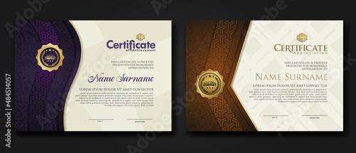 Certificate of achievement and appreciation border template with luxury badge and textured modern floral pattern. For award, business, and education needs