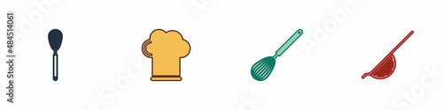 Set Kitchen whisk, Chef hat, and colander icon. Vector