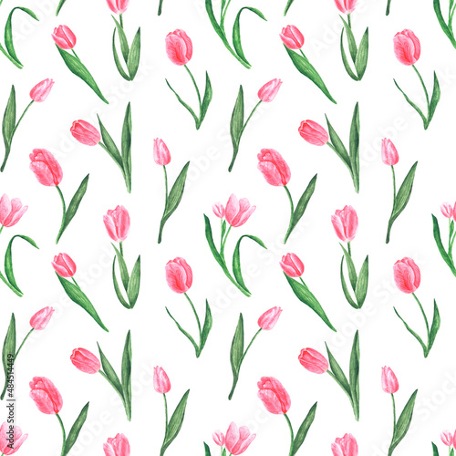 Pink tulips watercolor seamless pattern. Flowers  flora  nature. Pink blooming tulips. Spring garden. Spring background. For printing on textiles  wrapping paper  notepads  cases.