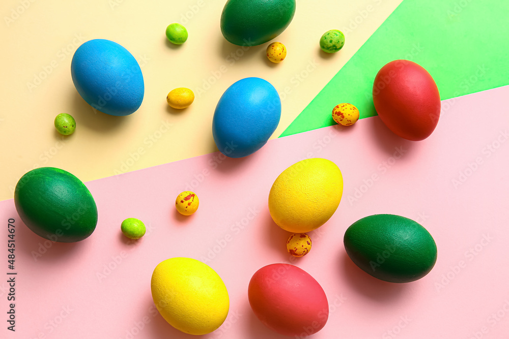 Different painted Easter eggs on color background Different painted Easter eggs on color background