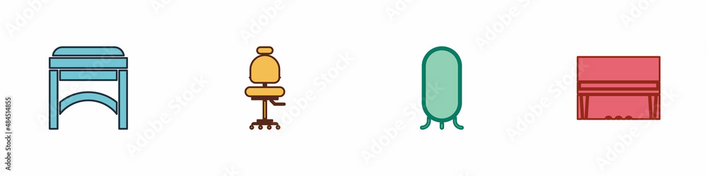 Set Chair, Office chair, Big full length mirror and Grand piano icon. Vector Set Chair, Office chair, Big full length mirror and Grand piano icon. Vector