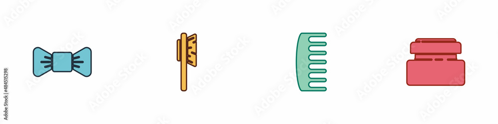 Set Bow tie, Hairbrush, and Cream or lotion cosmetic tube icon. Vector Set Bow tie, Hairbrush, and Cream or lotion cosmetic tube icon. Vector
