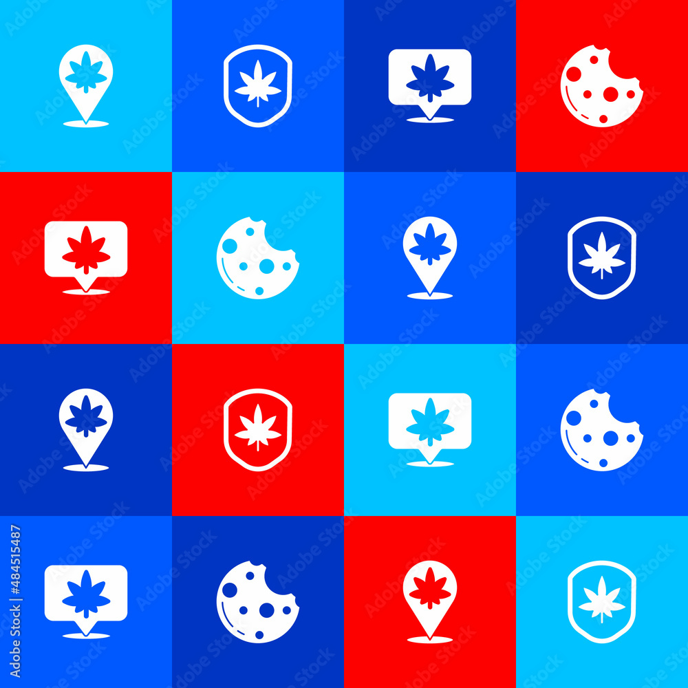 Set Location and marijuana, Shield leaf, cannabis and Cookies with icon. Vector Set Location and marijuana, Shield leaf, cannabis and Cookies with icon. Vector
