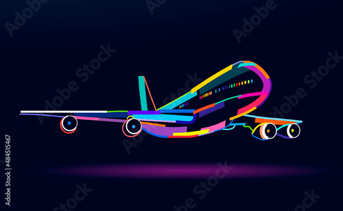Abstract airplane, passenger plane, commercial aircraft from multicolored paints. Colored drawing. Vector illustration of paints