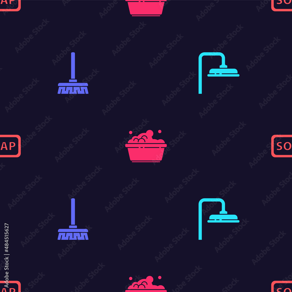 Set Shower head, Handle broom, Plastic basin with soap suds and Bar of on seamless pattern. Vector Set Shower head, Handle broom, Plastic basin with soap suds and Bar of on seamless pattern. Vector