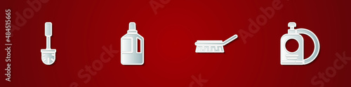 Set Toilet brush, Fabric softener, Brush for cleaning and Dishwashing liquid bottle and plate icon. Vector