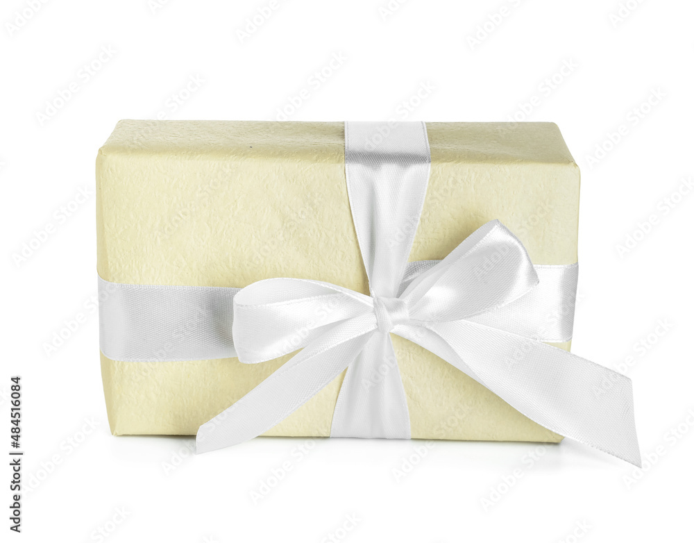 Gift box with ribbon and bow on white background Gift box with ribbon and bow on white background