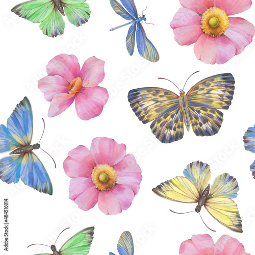 Seamless pattern with butterflies and flowers. watercolor and digital illustration. seamless botanical background. Template design for, textile, wallpaper, wrapping paper, packaging, print. © Sergei