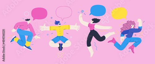 Happiness - happy young man and woman jumping in the air cheerfully. Modern flat vector concept illustration of a happy jumping and dancing person. Feeling and emotion concept.