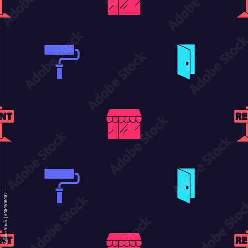 Set Closed door, Paint roller brush, Market store and Hanging sign with Rent on seamless pattern. Vector