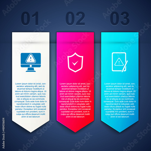 Set Monitor with exclamation mark, Shield check and Tablet. Business infographic template. Vector